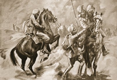 Risaldar Faiz Muhammad Khan and a Sowar rescuing two wounded sepoys by Howard K. Elcock